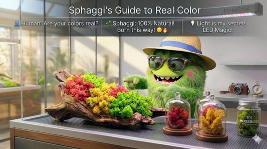 Sphaggi the MossBoss live Sphagnum moss in vibrant natural colors — neon yellow, pink, and copper — grown under controlled conditions