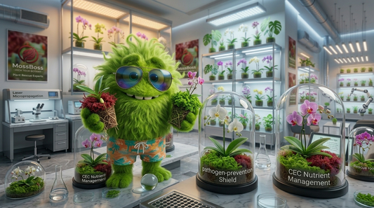 Sphaggi MossBoss mascot with healthy orchid roots recovered using live Sphagnum moss