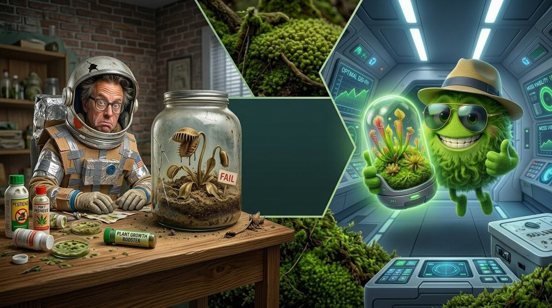 Comparison between a failed traditional peat-based terrarium with a sad Venus flytrap and a thriving, colorful live sphagnum moss vivarium by MossBoss.eu, featuring the character Sphaggi.
