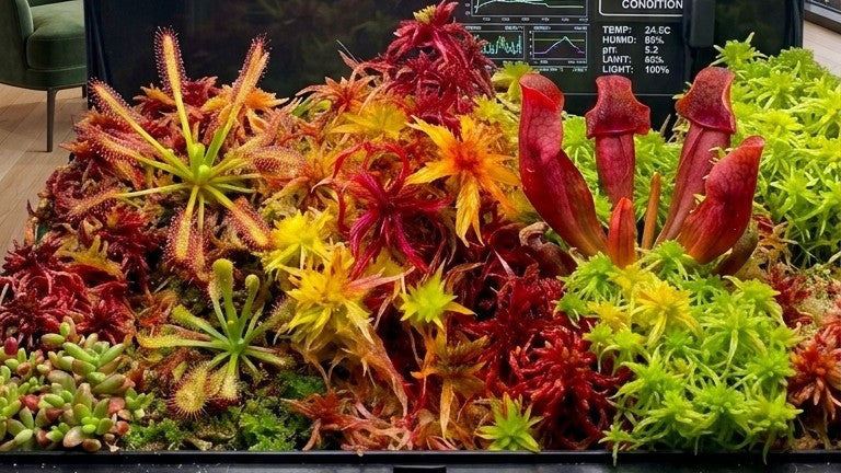 Terrarium with carnivorous plants and live Sphagnum moss in red, yellow, green multicolor as substrate — MossBoss