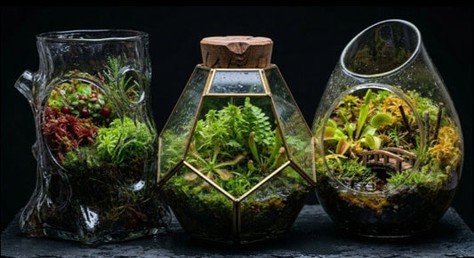 3 Moss Terrariums with Live Sphagnum Moss Red Yellow Green 