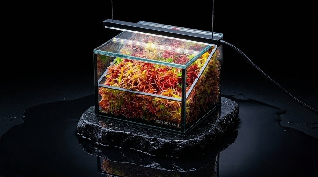 High-tech glass terrarium setup for growing live sphagnum moss under dedicated LED grow lights. Featuring vibrant copper red and yellow micropropagated sphagnum moss inside a MossBoss bioactive ecosystem on a slate rock base with a pure black background.