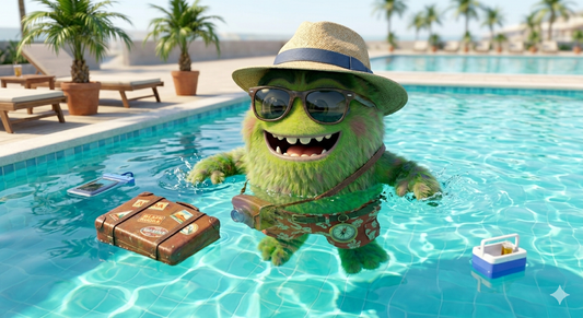 Personaje animado de musgo sphagnum vivo vestido con ropa de vacaciones relajándose en una piscina — Sphaggy, mascota de MossBoss