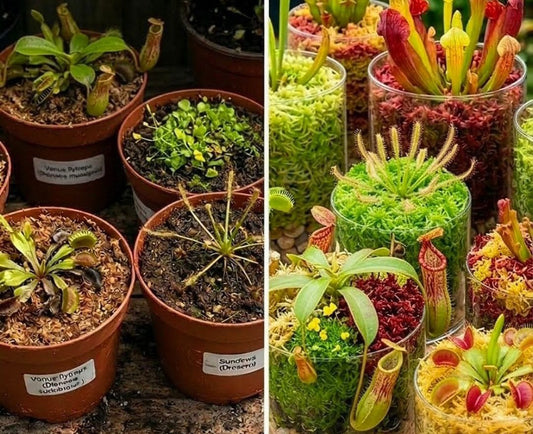 Side-by-side comparison of carnivorous plants: Sarracenia and Drosera in traditional brown plastic pots with dark peat moss versus vibrant carnivorous plants thriving in colorful MossBoss High-Tech live Sphagnum moss